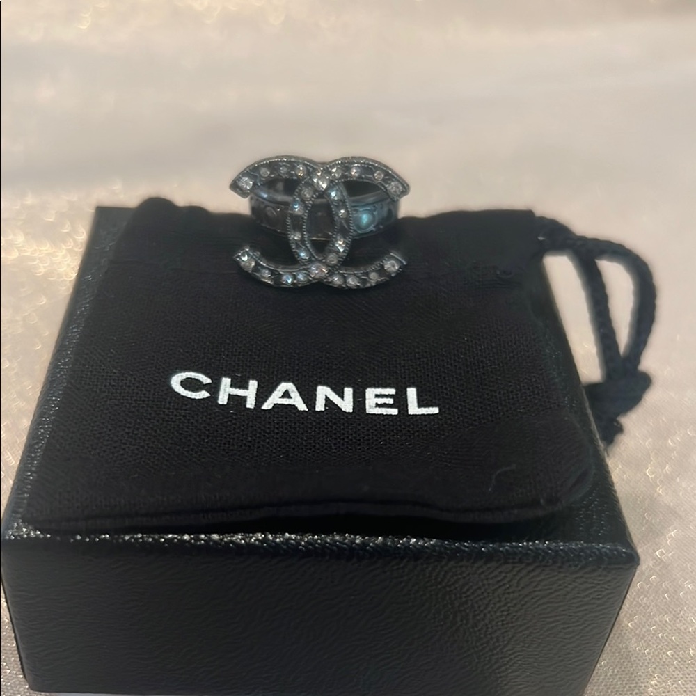 CHANEL Black and Silver Crystal Ring
